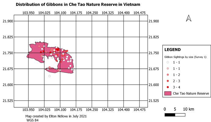 Distribution of Gibbons in Che Tao Nature Reserves in Vietnam.